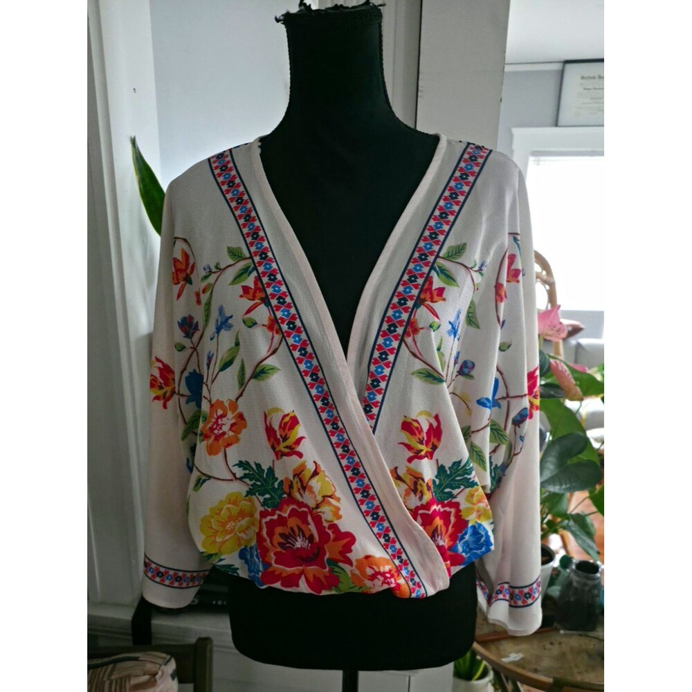 Women’s White Multicolor Floral Embroidered V-Neck Wrap Long Sleeve Blouse L